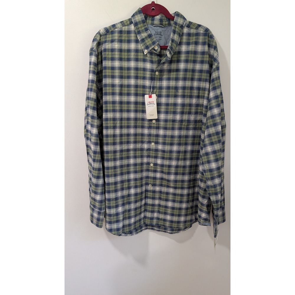 IZOD Saltwater Newport Oxford Plaid Shirt Mens XXL Green Blue Long Sleeve NWT